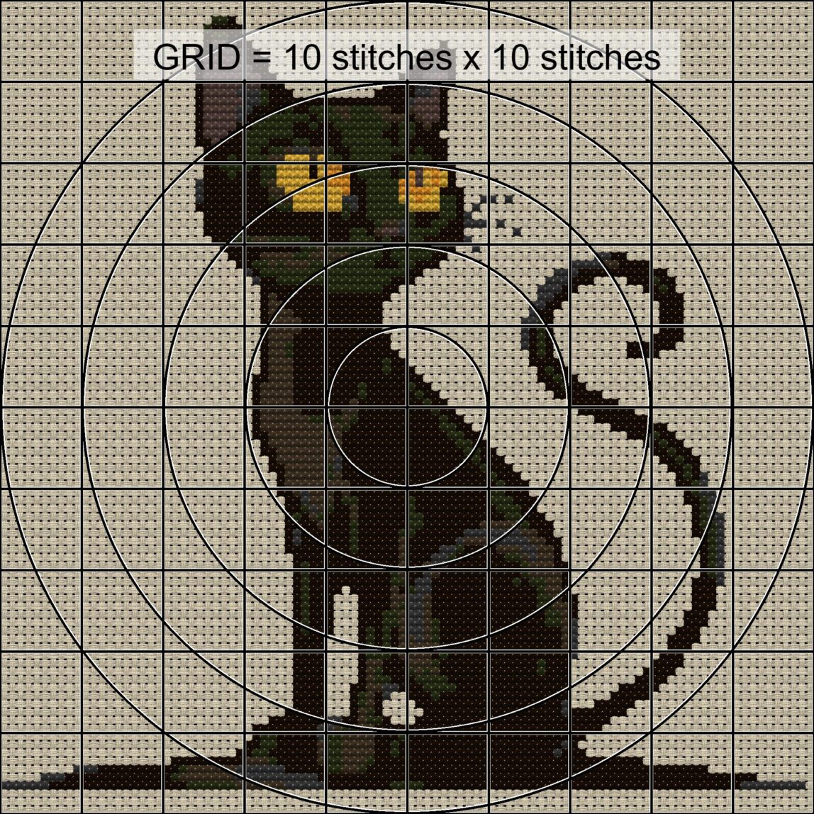 cute-black-cat close-up cross stitch detail showing color changes, confetti areas and stitch texture