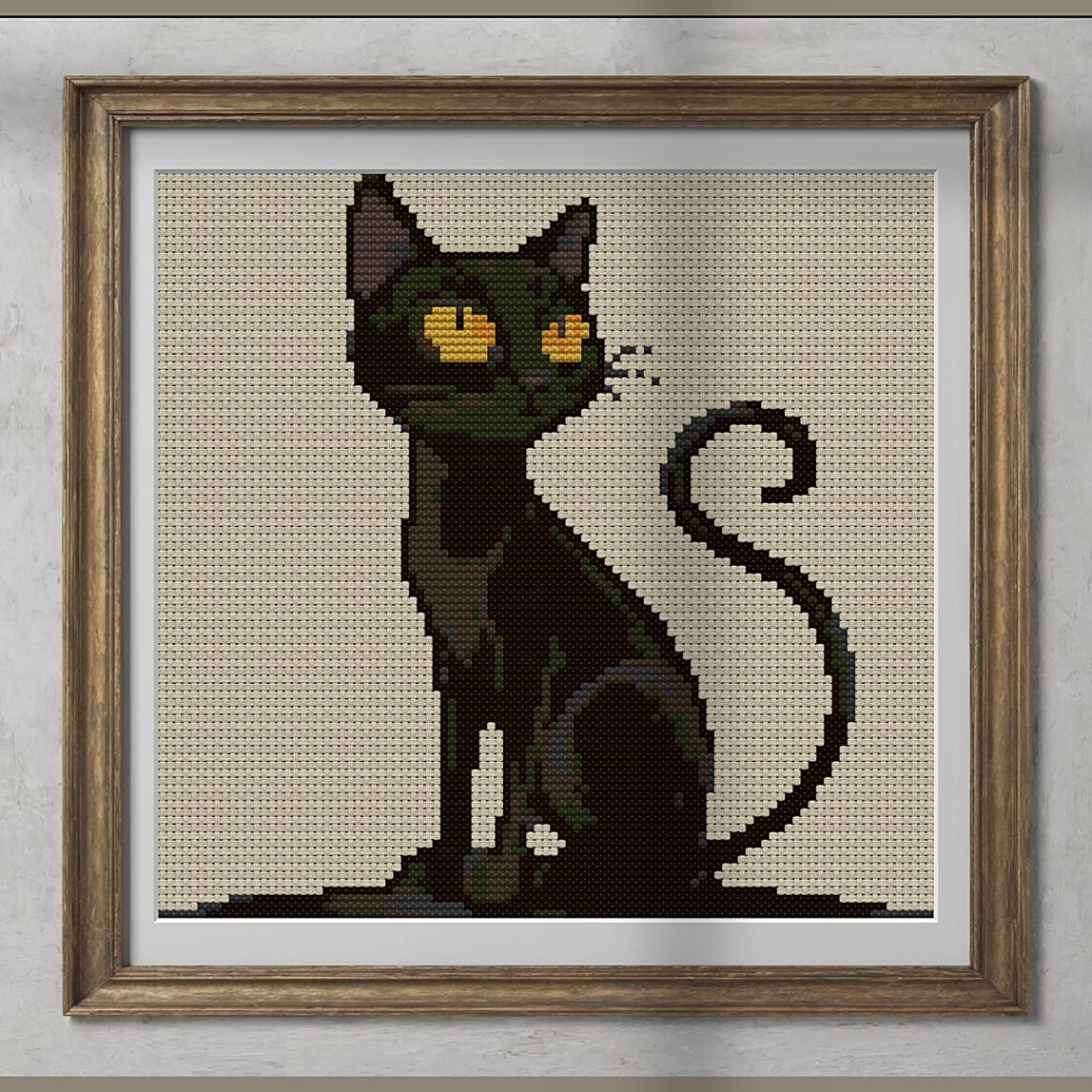 cute-black-cat alternative framed cross stitch mockup, realistic finished embroidery presentation