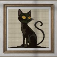 cute-black-cat alternative framed cross stitch mockup, realistic finished embroidery presentation
