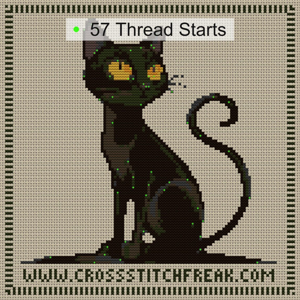 cute-black-cat cross stitch start point map with highlighted thread start positions in the full design