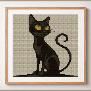 cute-black-cat framed cross stitch mockup, realistic finished embroidery design, PDF pattern digital download