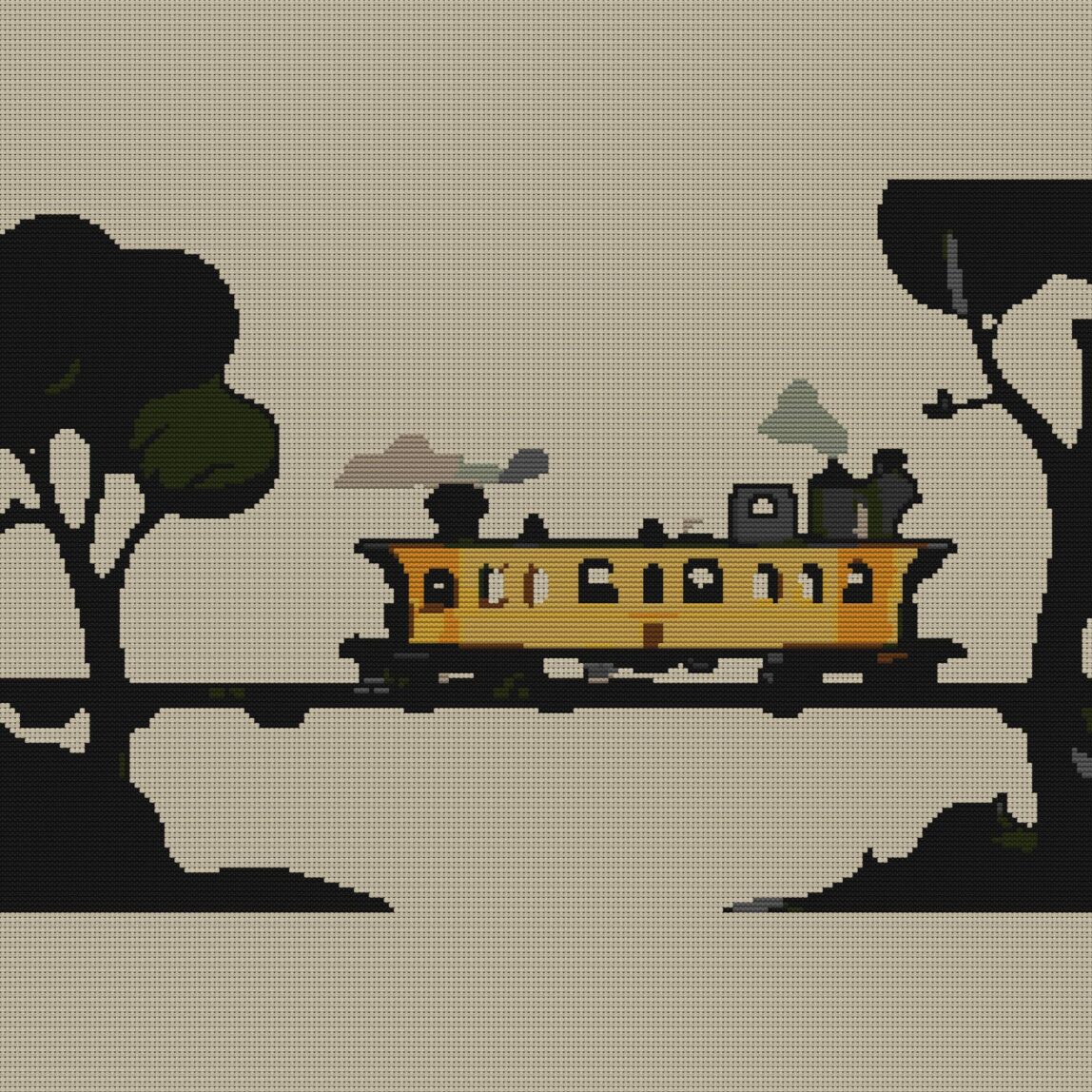 dream-train-journey full cross stitch design mockup without frame, realistic embroidery preview
