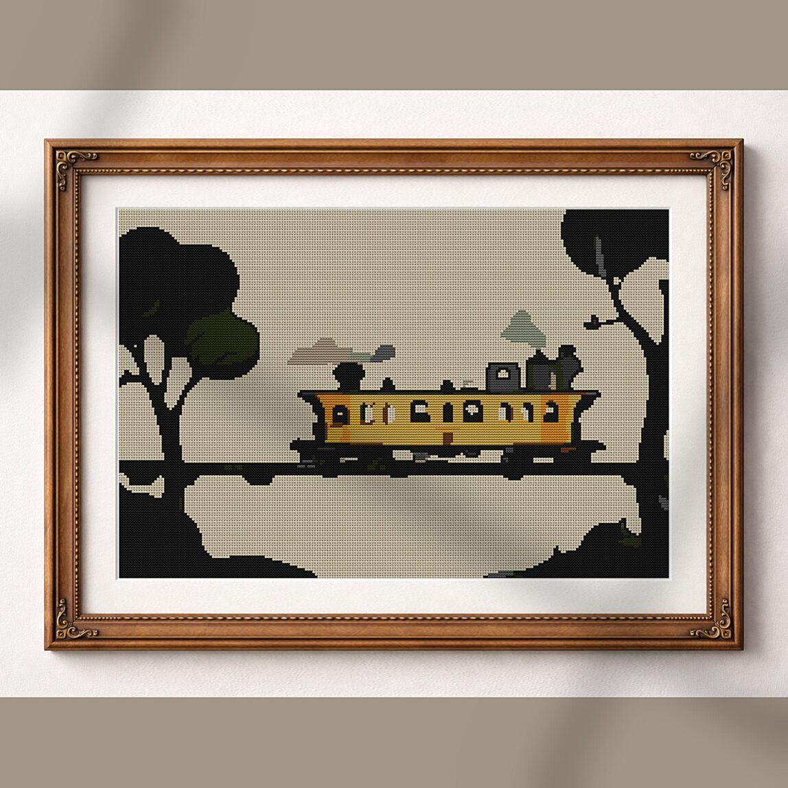 dream-train-journey alternative framed cross stitch mockup, realistic finished embroidery presentation