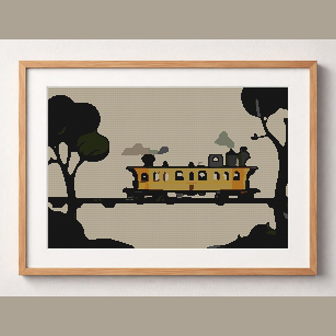 dream-train-journey framed cross stitch mockup, realistic finished embroidery design, PDF pattern digital download
