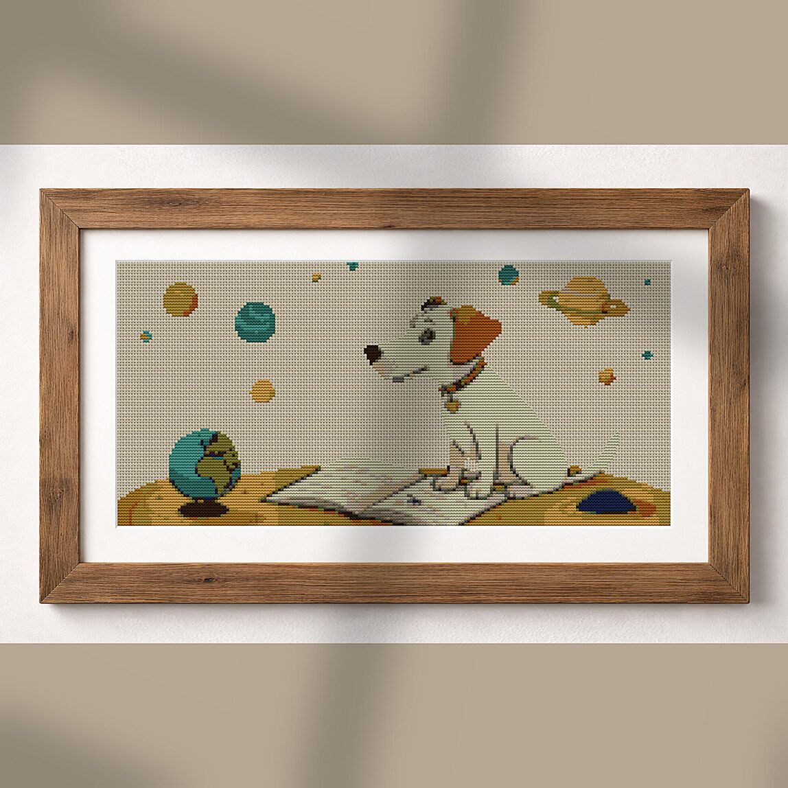 dreamy-dog alternative framed cross stitch mockup, realistic finished embroidery presentation