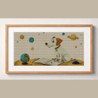 dreamy-dog framed cross stitch mockup, realistic finished embroidery design, PDF pattern digital download