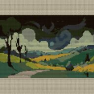dreamy-hills-path full cross stitch design mockup without frame, realistic embroidery preview