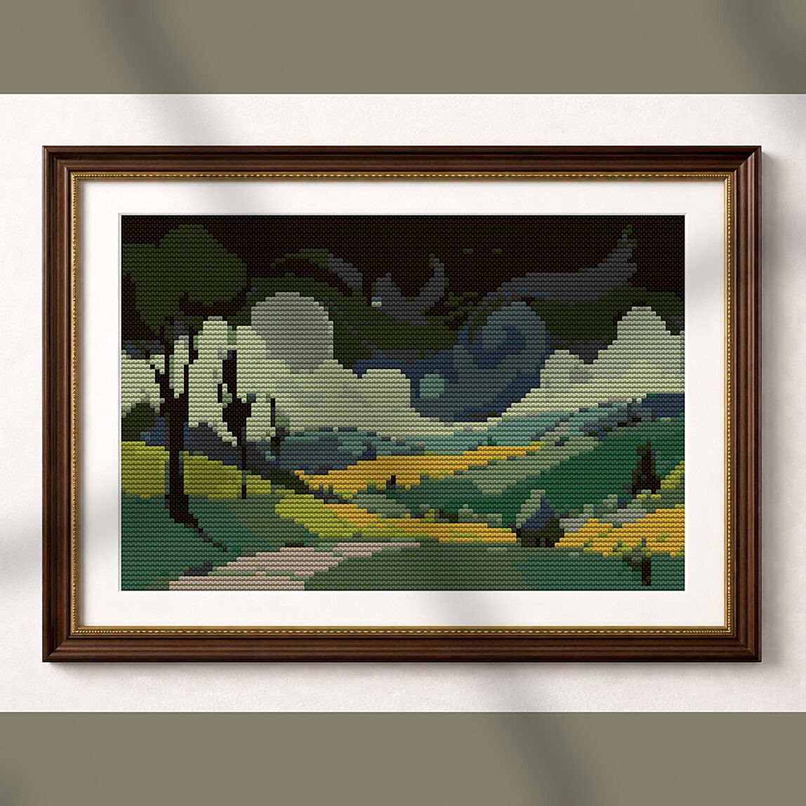 dreamy-hills-path alternative framed cross stitch mockup, realistic finished embroidery presentation