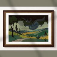 dreamy-hills-path alternative framed cross stitch mockup, realistic finished embroidery presentation