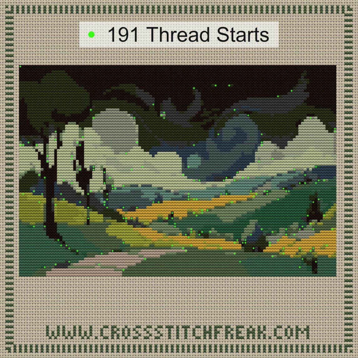 dreamy-hills-path cross stitch start point map with highlighted thread start positions in the full design