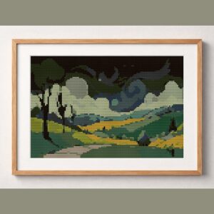 dreamy-hills-path framed cross stitch mockup, realistic finished embroidery design, PDF pattern digital download