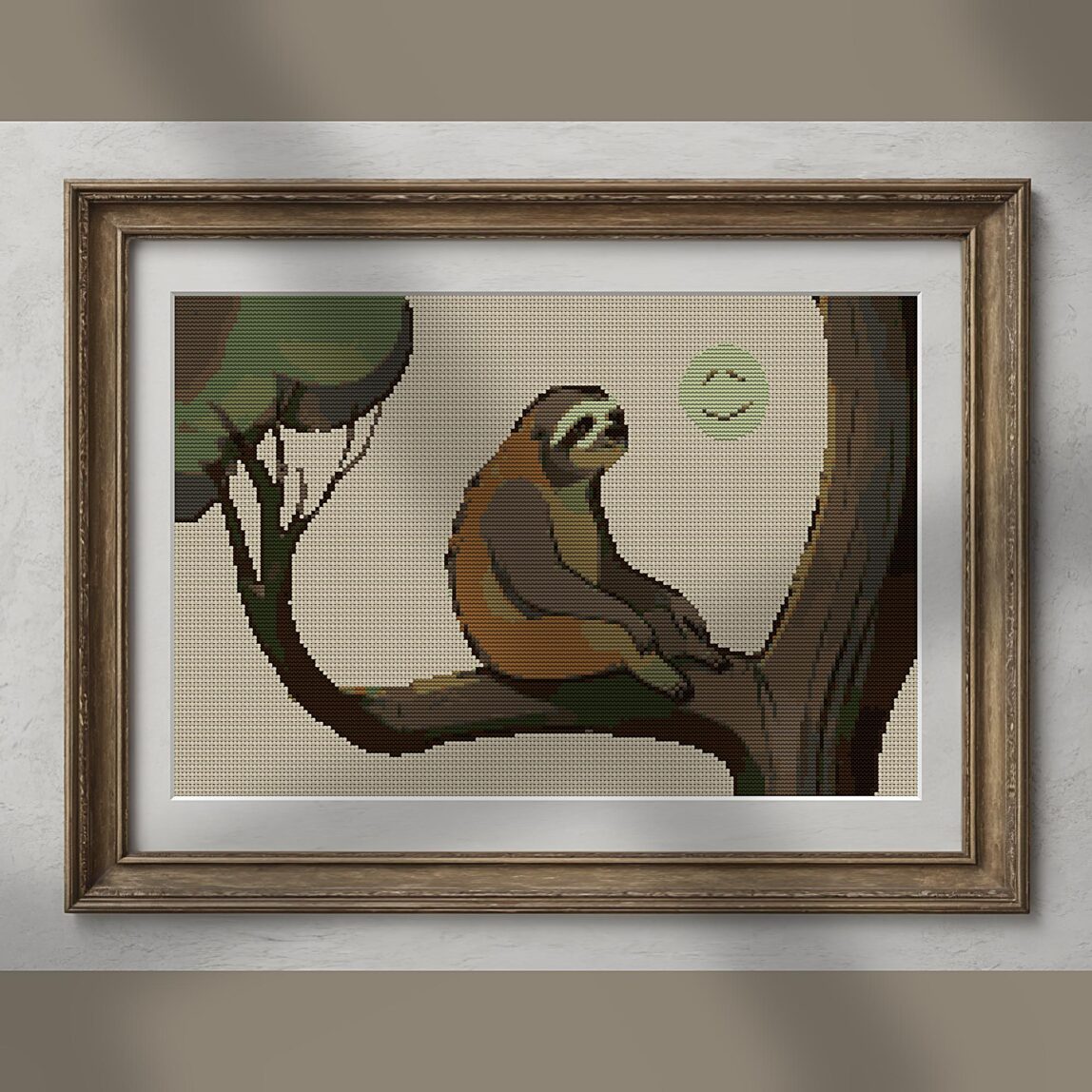 dreamy-sloth-moon alternative framed mockup dreamy-sloth-moon alternative framed cross stitch mockup, realistic finished embroidery presentation
