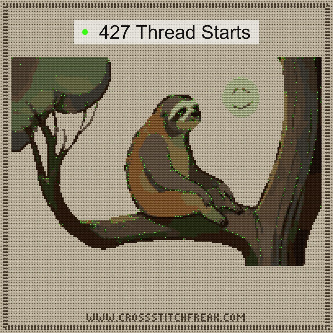 dreamy-sloth-moon thread start point map dreamy-sloth-moon cross stitch start point map with highlighted thread start positions in the full design