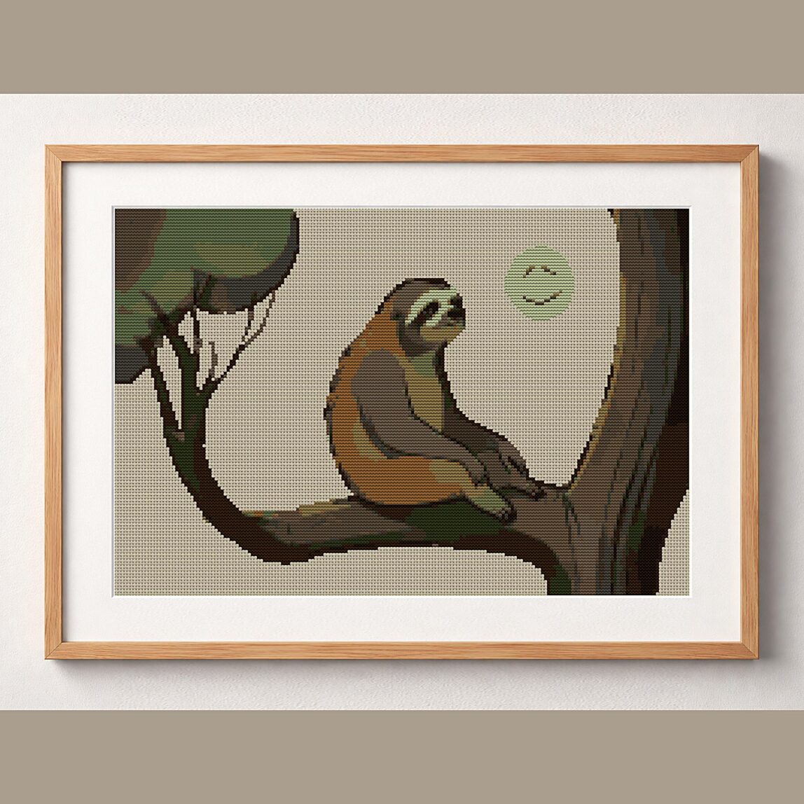 dreamy-sloth-moon framed cross stitch mockup dreamy-sloth-moon framed cross stitch mockup, realistic finished embroidery design, PDF pattern digital download