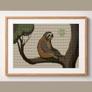 dreamy-sloth-moon framed cross stitch mockup, realistic finished embroidery design, PDF pattern digital download