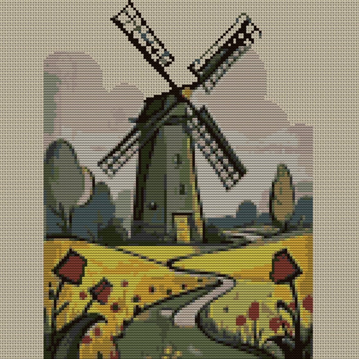 dutch-windmill full design mockup without frame dutch-windmill full cross stitch design mockup without frame, realistic embroidery preview