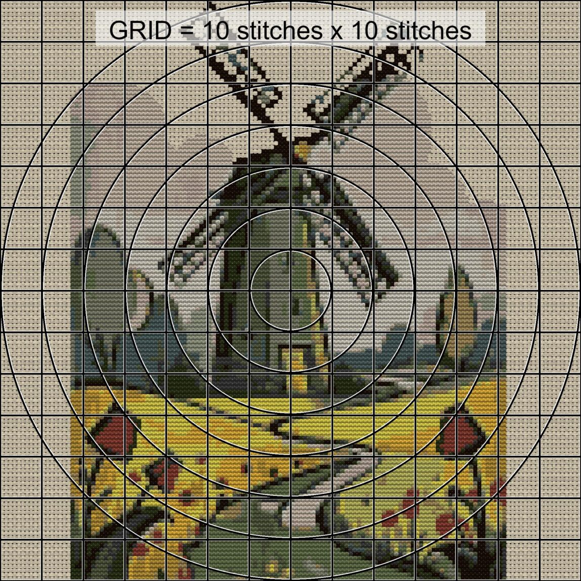 dutch-windmill zoomed stitching detail dutch-windmill close-up cross stitch detail showing color changes, confetti areas and stitch texture
