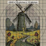 dutch-windmill close-up cross stitch detail showing color changes, confetti areas and stitch texture