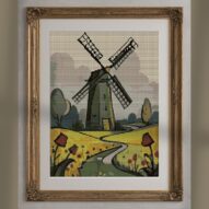 dutch-windmill alternative framed cross stitch mockup, realistic finished embroidery presentation