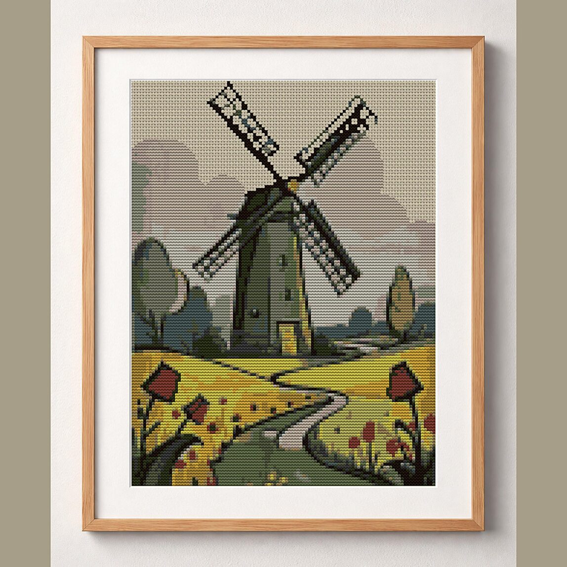 dutch-windmill framed cross stitch mockup dutch-windmill framed cross stitch mockup, realistic finished embroidery design, PDF pattern digital download