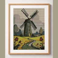 dutch-windmill framed cross stitch mockup, realistic finished embroidery design, PDF pattern digital download