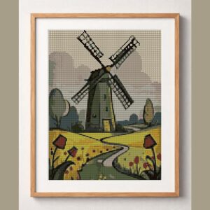 dutch-windmill framed cross stitch mockup, realistic finished embroidery design, PDF pattern digital download
