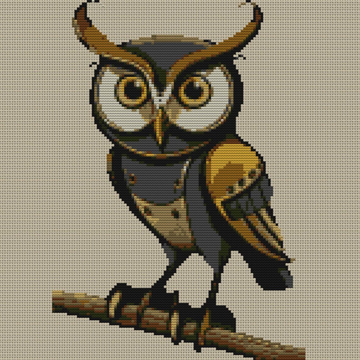 eagle-owl full cross stitch design mockup without frame, realistic embroidery preview