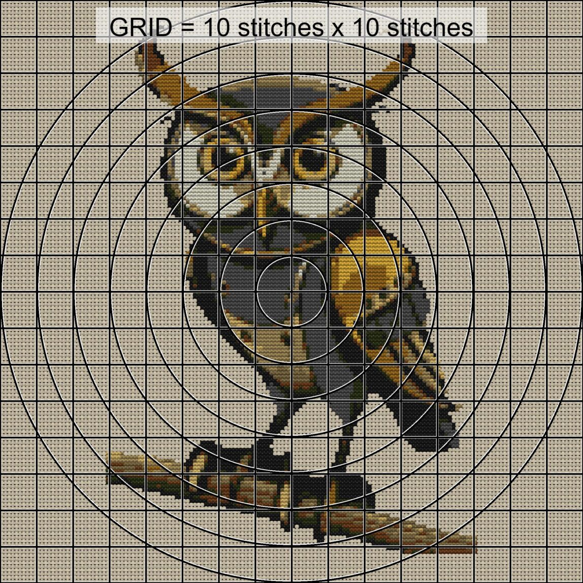 eagle-owl close-up cross stitch detail showing color changes, confetti areas and stitch texture