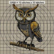 eagle-owl close-up cross stitch detail showing color changes, confetti areas and stitch texture