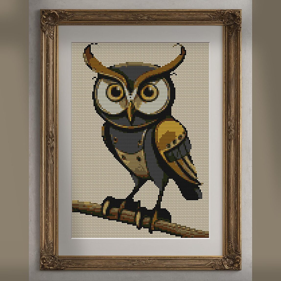 eagle-owl alternative framed cross stitch mockup, realistic finished embroidery presentation