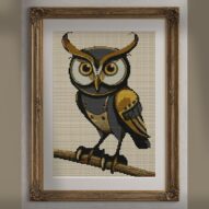 eagle-owl alternative framed cross stitch mockup, realistic finished embroidery presentation