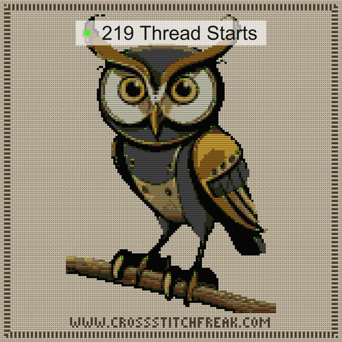 eagle-owl cross stitch start point map with highlighted thread start positions in the full design