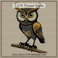 eagle-owl cross stitch start point map with highlighted thread start positions in the full design