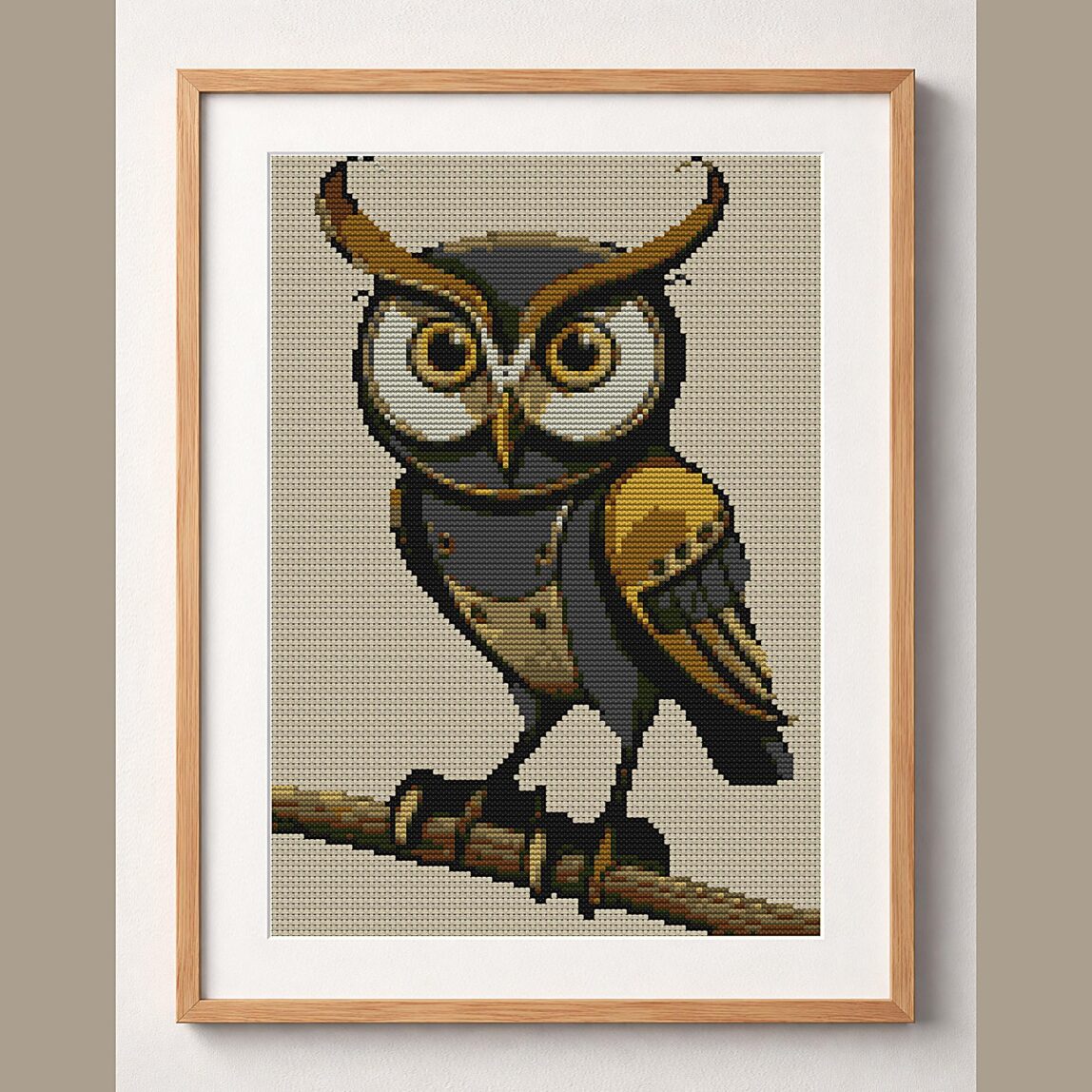 eagle-owl framed cross stitch mockup, realistic finished embroidery design, PDF pattern digital download