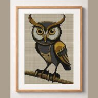 eagle-owl framed cross stitch mockup, realistic finished embroidery design, PDF pattern digital download