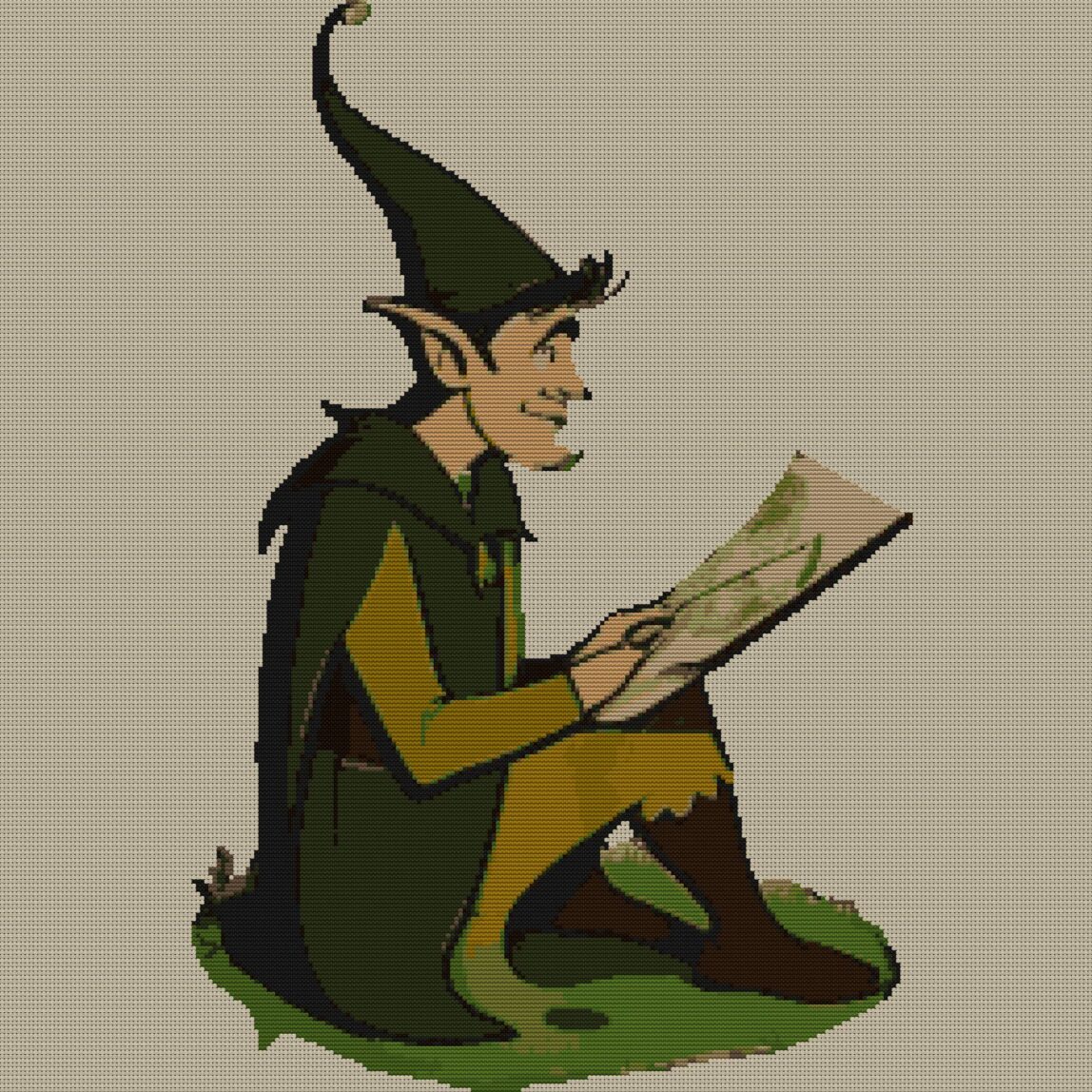 elf-gnome full cross stitch design mockup without frame, realistic embroidery preview