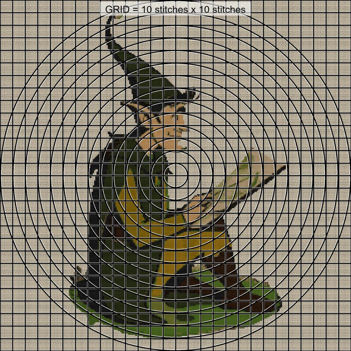 elf-gnome close-up cross stitch detail showing color changes, confetti areas and stitch texture