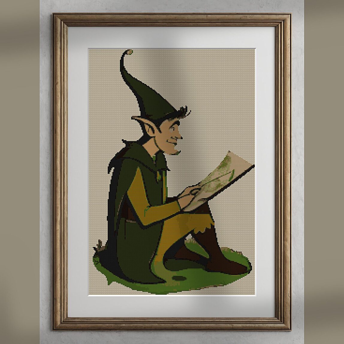elf-gnome alternative framed cross stitch mockup, realistic finished embroidery presentation