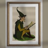 elf-gnome alternative framed cross stitch mockup, realistic finished embroidery presentation