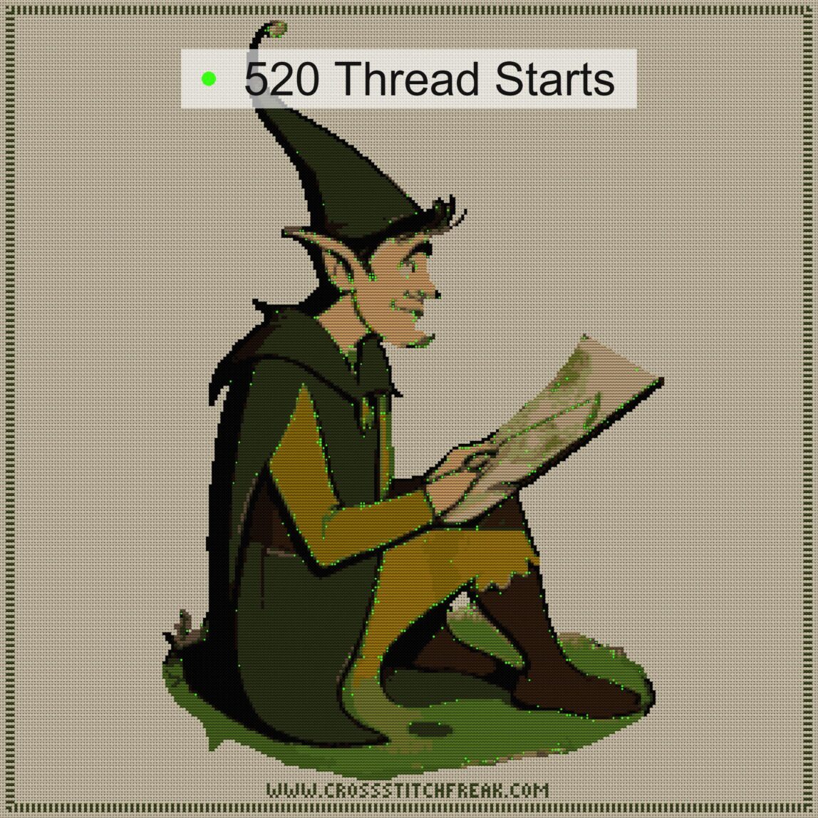 elf-gnome cross stitch start point map with highlighted thread start positions in the full design
