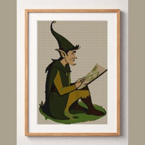 elf-gnome framed cross stitch mockup, realistic finished embroidery design, PDF pattern digital download