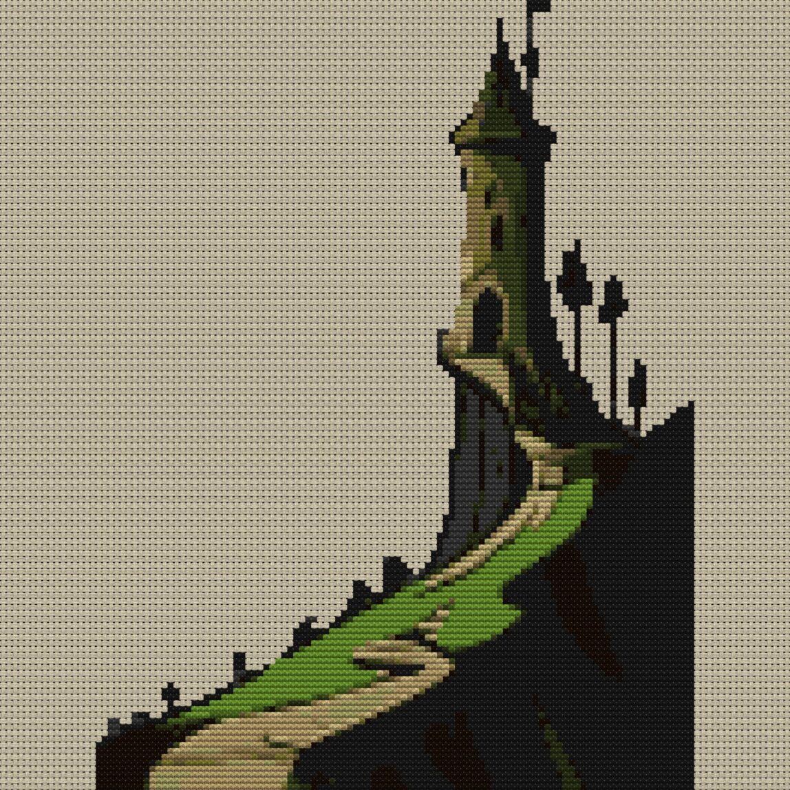 enchanted-castle full cross stitch design mockup without frame, realistic embroidery preview
