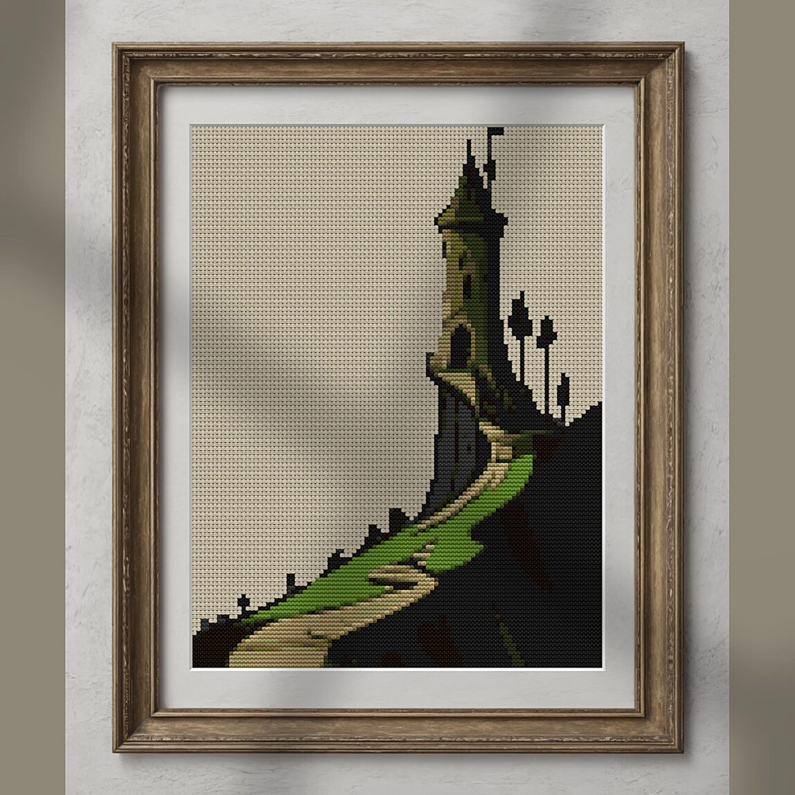enchanted-castle alternative framed cross stitch mockup, realistic finished embroidery presentation