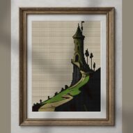 enchanted-castle alternative framed cross stitch mockup, realistic finished embroidery presentation
