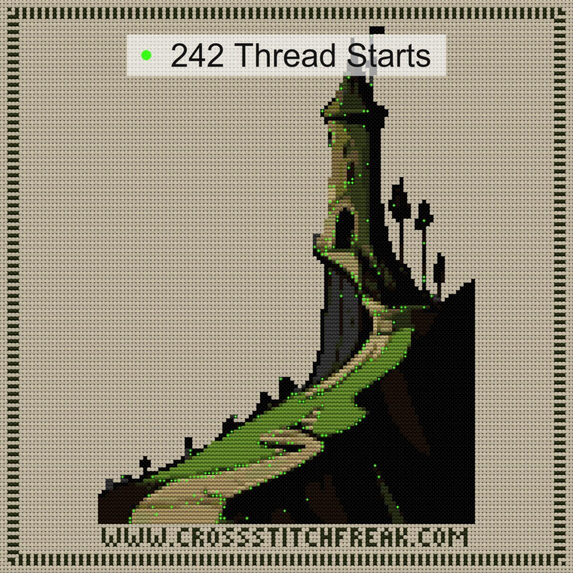 enchanted-castle cross stitch start point map with highlighted thread start positions in the full design