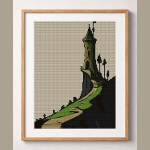 enchanted-castle framed cross stitch mockup, realistic finished embroidery design, PDF pattern digital download