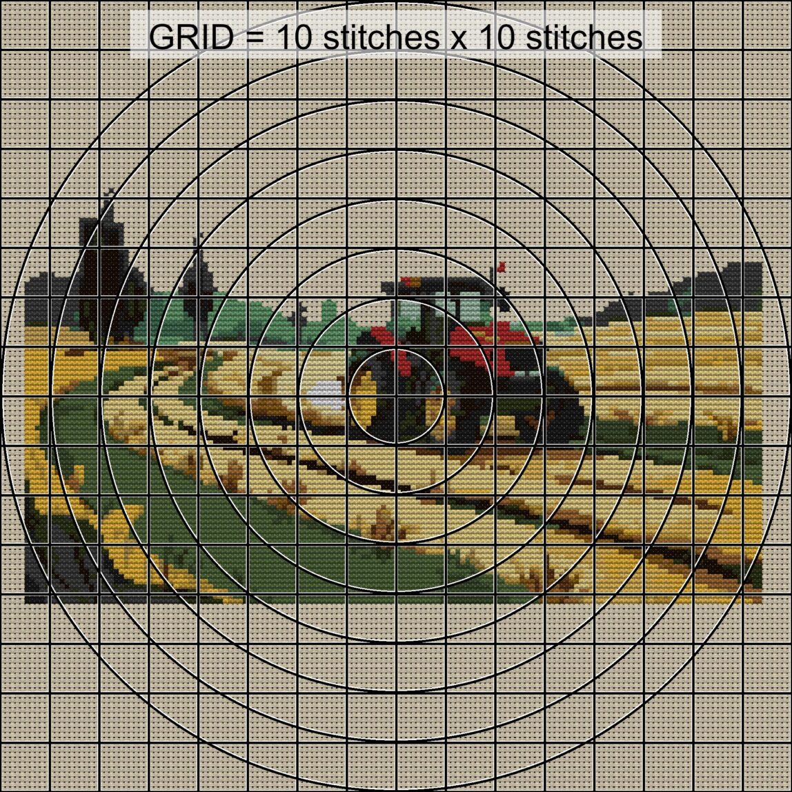 farm-tractor zoomed stitching detail farm-tractor close-up cross stitch detail showing color changes, confetti areas and stitch texture