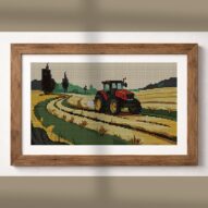 farm-tractor alternative framed cross stitch mockup, realistic finished embroidery presentation