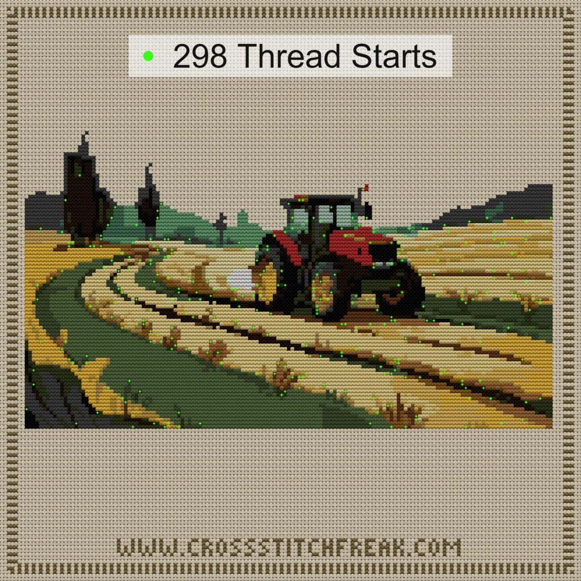 farm-tractor thread start point map farm-tractor cross stitch start point map with highlighted thread start positions in the full design