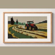 farm-tractor framed cross stitch mockup, realistic finished embroidery design, PDF pattern digital download